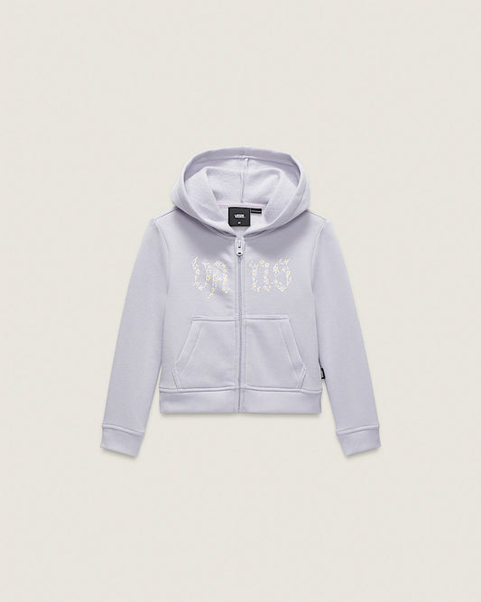 Veste - Vans fille lilas à capuche, zip avant et poches kangourou, motif floral blanc, vue de face.