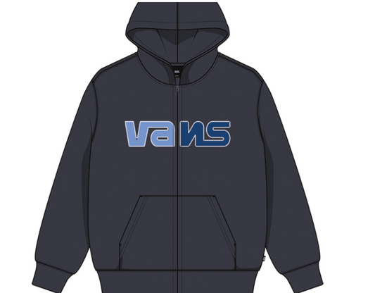 Veste - Vans en coton bleu marine avec logo bicolore sur poitrine, capuche et poches avant, style garçon, vue de face.