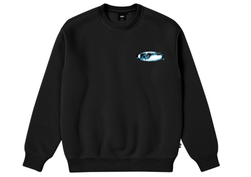 Chandail - Vans noir avec logo bleu et blanc imprimé sur poitrine, coupe classique, vue de face, 56% coton 44% polyester.