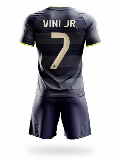 Ensemble de soccer - VINI JR noir avec détails jaunes, maillot manches courtes et short, pour enfant, vue de dos.