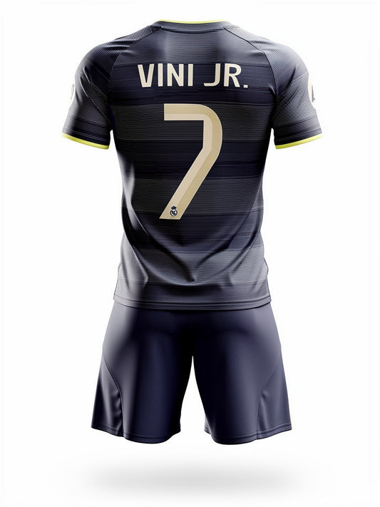Ensemble de soccer - VINI JR noir avec détails jaunes, maillot manches courtes et short, pour enfant, vue de dos.