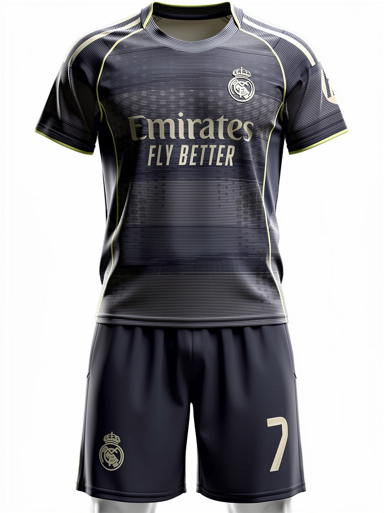 Ensemble de soccer - VINI JR noir et beige avec maillot manches courtes et short, tissu technique, pour enfant, vue de face