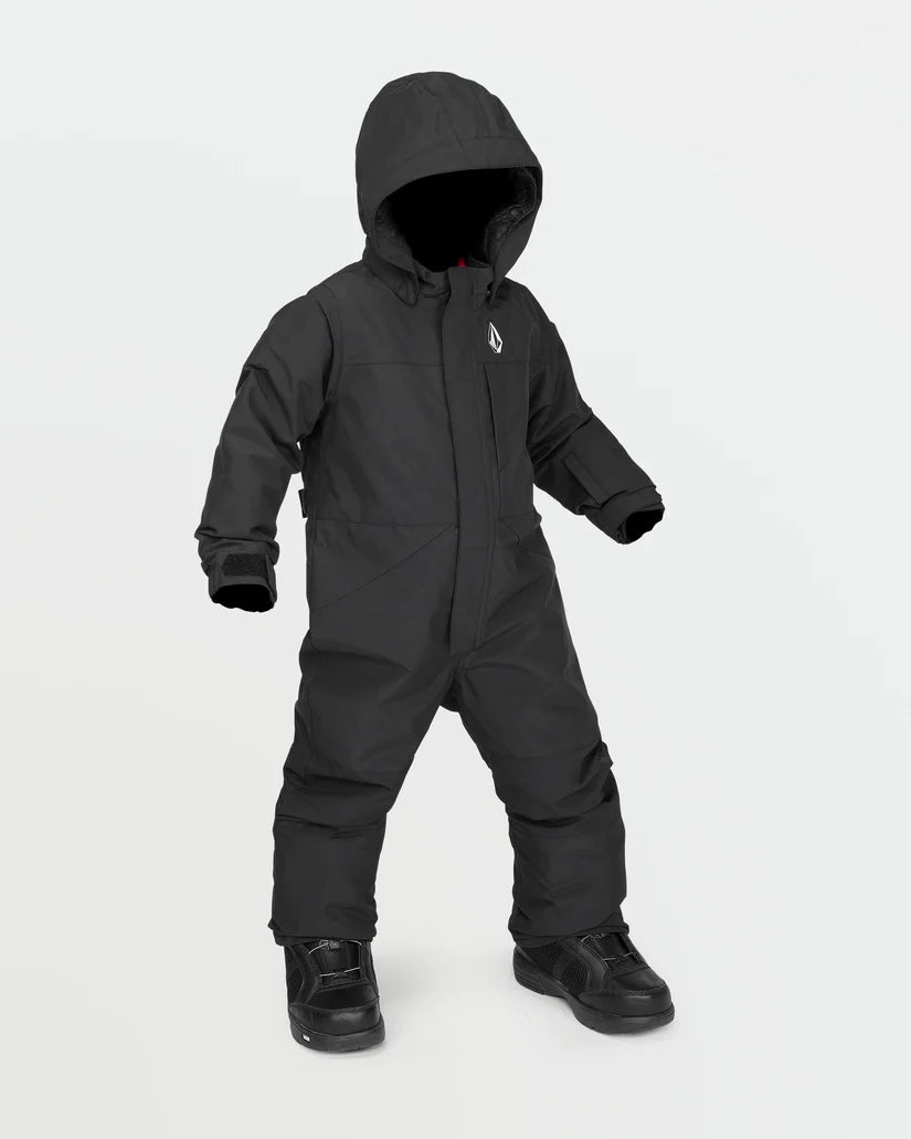 Habit de neige - Volcom noir avec capuche ajustable, matériau technique, pour enfant, vue de face en pied.