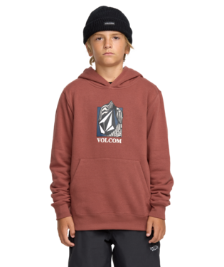 Hoodie - Volcom marron en coton polyester avec logo blanc, garçon, capuche, vue de face porté sur mannequin.