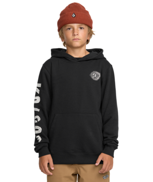 Hoodie - Volcom noir avec logo gris sur poitrine et texte blanc sur manche, coton polyester, pour garçon, vue de face.