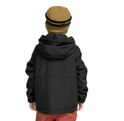 Manteau d'hiver Little Flurry ins - Volcom noir en tissu technique, style garçon, avec capuche, vue de dos porté sur mannequin