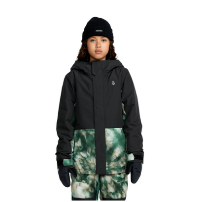 Manteau d'hiver Sass'n'Frass - Volcom noir et vert tie-dye, coupe technique, pour enfant, vue de face porté sur mannequin garçon