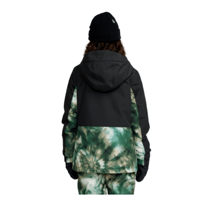 Manteau d'hiver Sass'n'Frass - Volcom noir et vert à effet tie-dye pour enfant, vue de dos porté sur mannequin