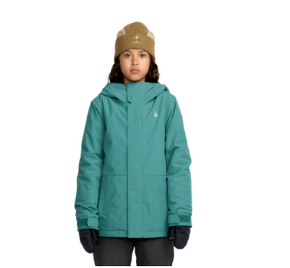 Manteau d'hiver Sass'n'Frass - Volcom bleu pétrole pour enfant, veste zippée à capuche, vue de face portée sur mannequin garçon.