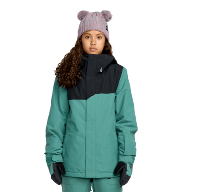 Manteau d'hiver Stone.91 - Volcom vert menthe et noir en veste zippée Tech, pour enfant fille, vue de face portée sur mannequin.