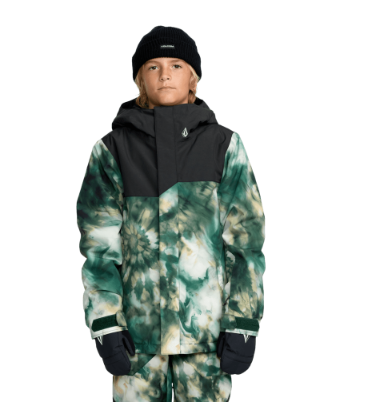 Manteau d'hiver Stone.91 - Volcom vert tie-dye et noir, veste zippée technique, enfant garçon, vue de face portée sur mannequin.