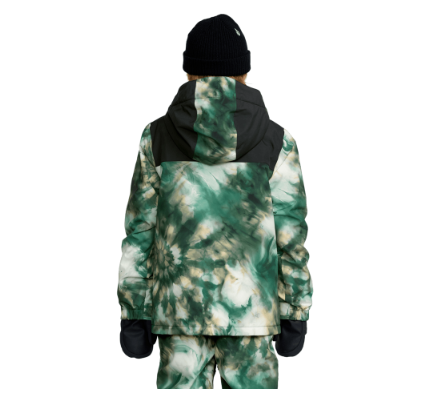 Manteau d'hiver Stone.91 - Volcom bleu vert et noir effet tie-dye, style zippé, porté de dos sur mannequin enfant.