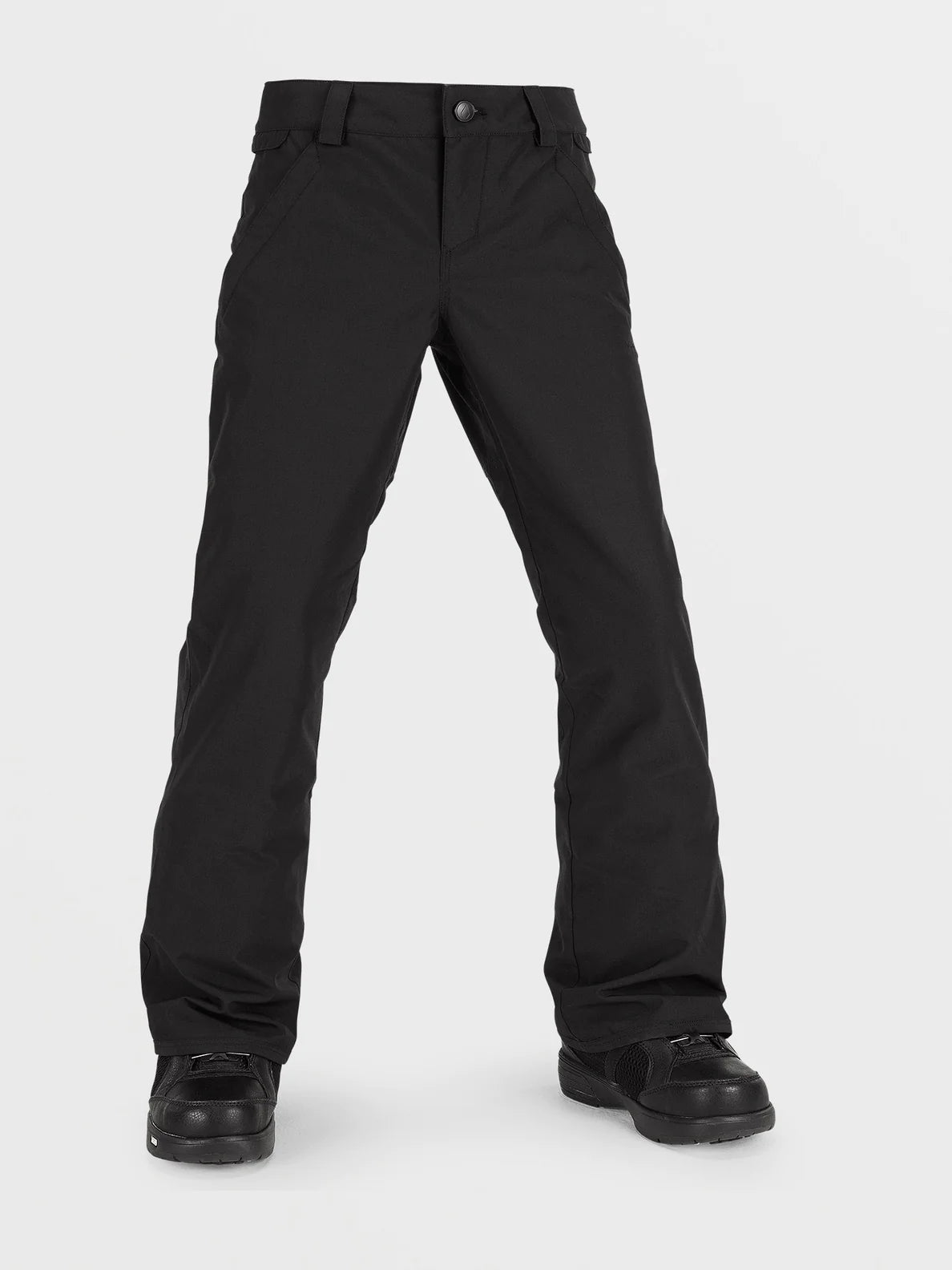 Pantalon de neige - Volcom noir pour fille, coupe décontractée, tissu technique imperméable, vue de face porté sur mannequin.