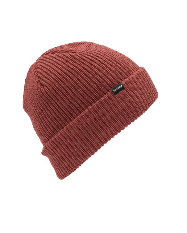Tuque d'hiver - Volcom en tricot bordeaux à revers avec étiquette logo noire vue de face