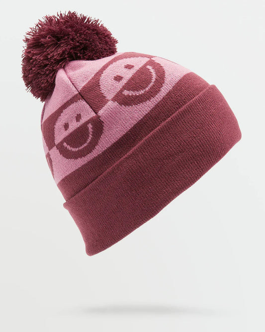Tuque d'hiver - Volcom bordeaux et rose avec pompon en fausse fourrure, motif jacquard, taille unique, vue profil gauche