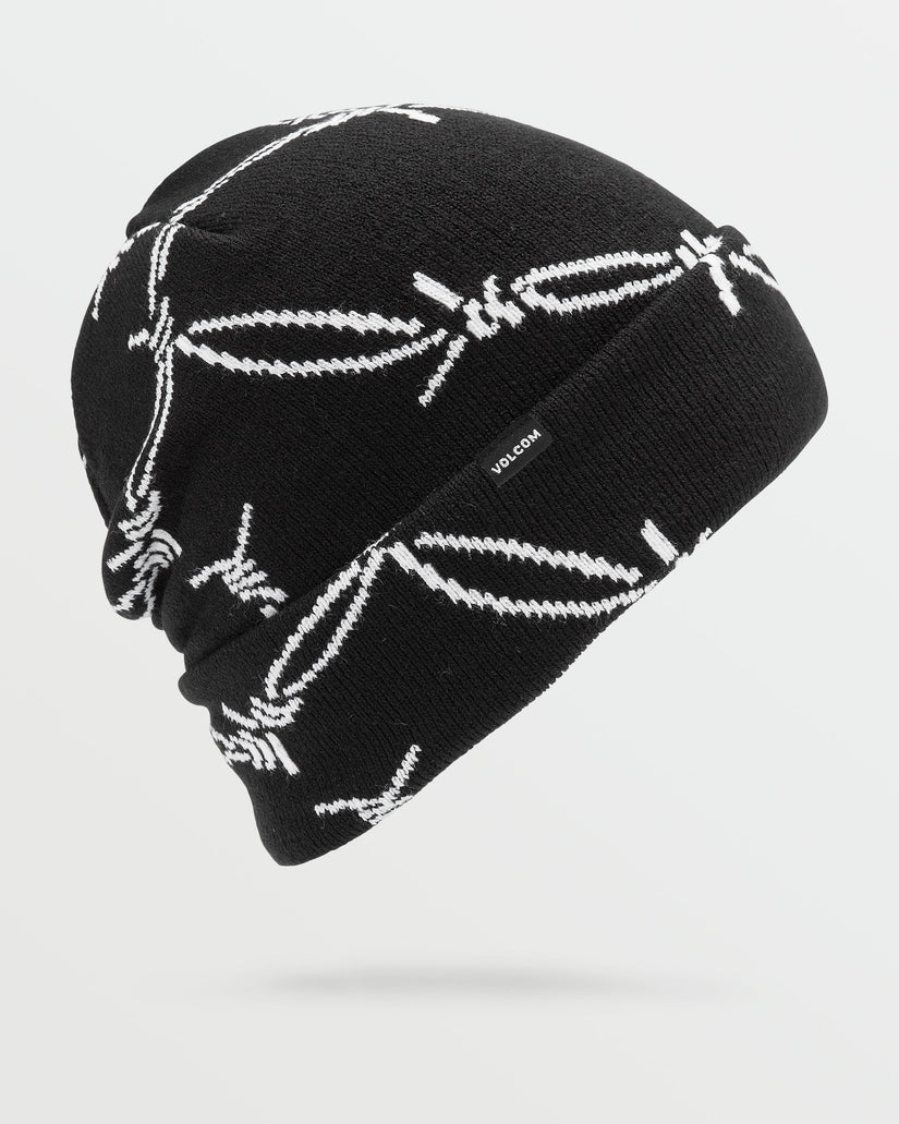 Tuque d'hiver - Volcom noire avec motifs barbelés blancs, coupe standard à enroulement, vue de profil gauche