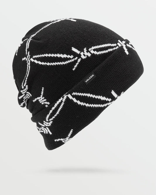 Tuque d'hiver - Volcom noire avec motifs barbelés blancs, coupe standard à enroulement, vue de profil gauche