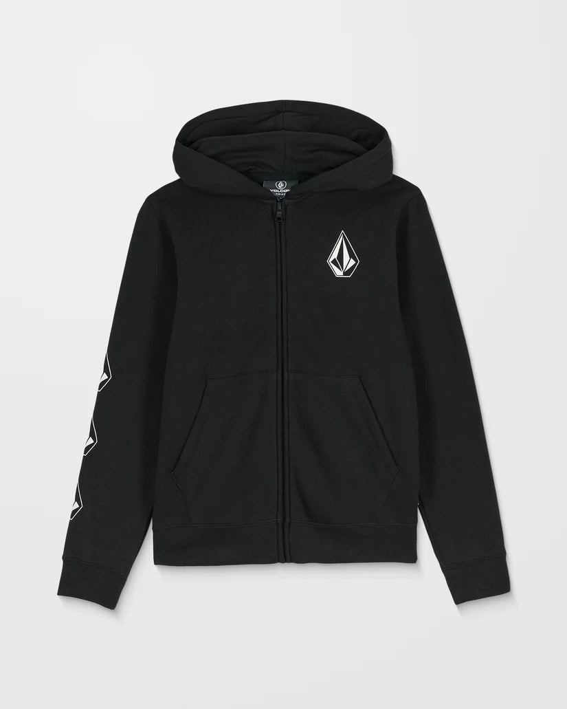 Veste - Volcom noire zippée en polaire avec logo blanc sur poitrine et manche, pour garçon, vue de face.