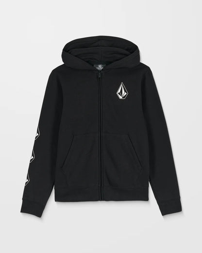 Veste - Volcom noire zippée en polaire avec logo blanc sur poitrine et manche, pour garçon, vue de face.