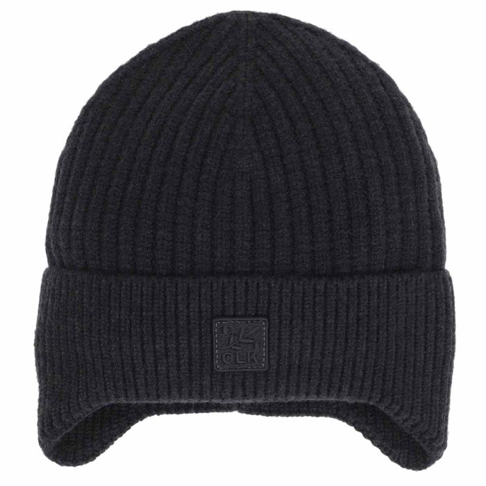 Tuque d'hiver - Calikids noire en tricot côtelé avec revers et écusson discret vue de face