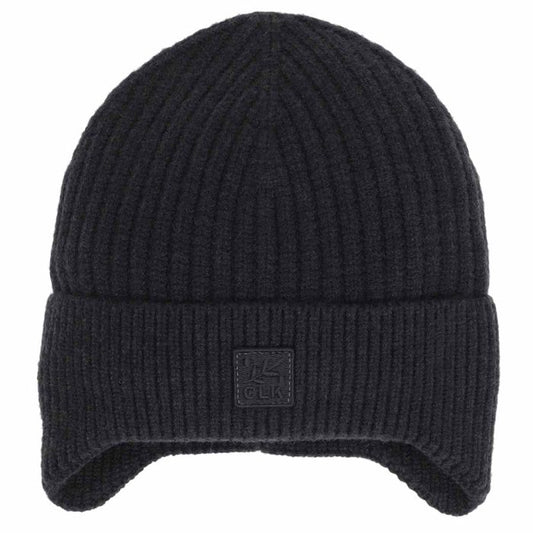 Tuque d'hiver - Calikids noire en tricot côtelé avec revers et écusson discret vue de face