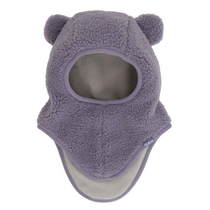 Cagoule - Calikids en polaire bouclée mauve avec oreilles et doublure beige pour enfant vue de face