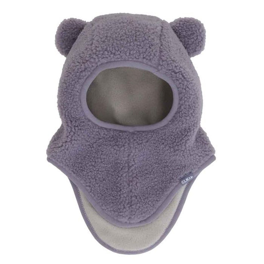 Cagoule - Calikids en polaire bouclée mauve avec oreilles et doublure beige pour enfant vue de face
