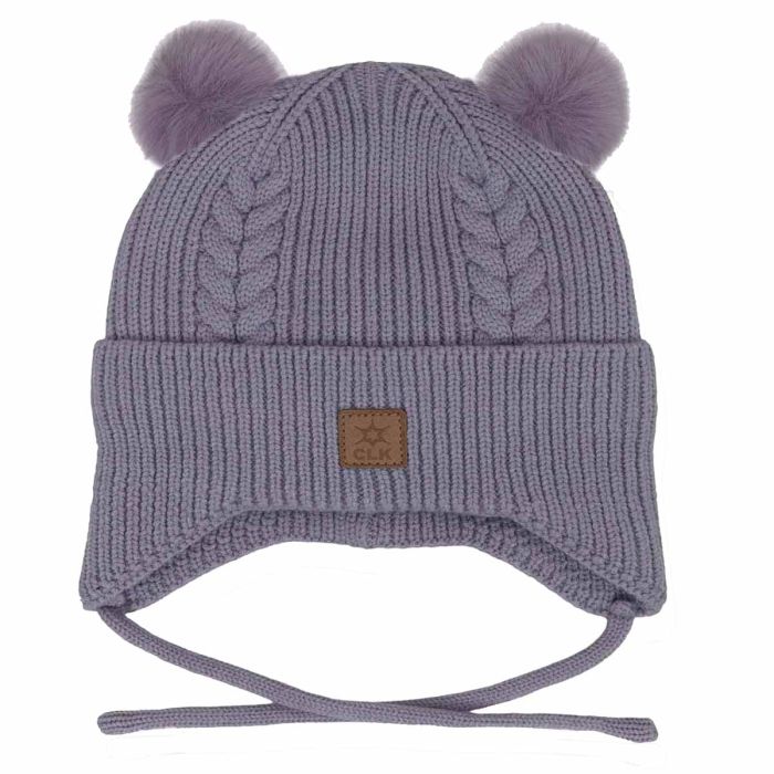 Tuque d'hiver - Calikids mauve en tricot pour bébé avec deux pompons et liens d’attache vue de face