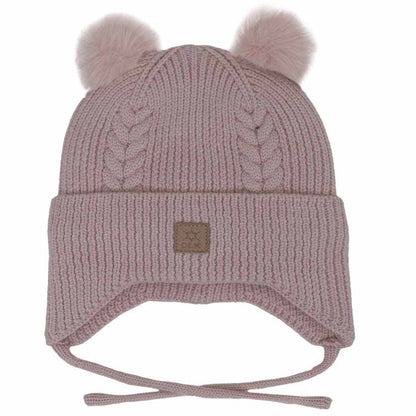 Tuque d'hiver - Calikids rose pâle en tricot avec pompons et motifs torsadés pour enfant vue de face