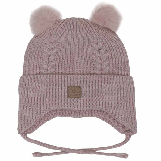 Tuque d'hiver - Calikids rose pâle en tricot avec pompons et motifs torsadés pour enfant vue de face