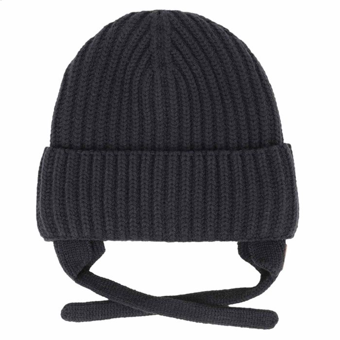 Tuque d'hiver - Calikids noire en tricot côtelé avec couvre oreilles et liens à nouer pour enfant vue de face