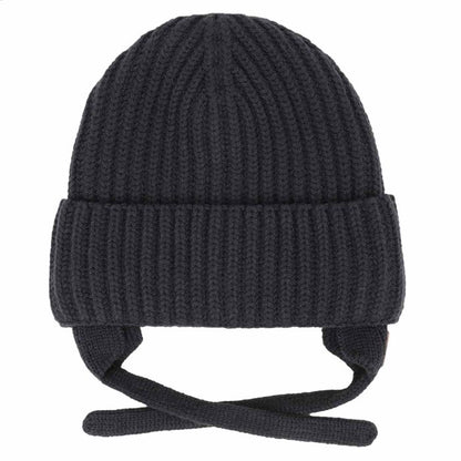 Tuque d'hiver - Calikids noire en tricot côtelé avec couvre oreilles et liens à nouer pour enfant vue de face