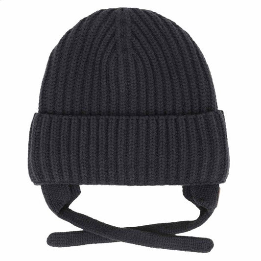 Tuque d'hiver - Calikids noire en tricot côtelé avec couvre oreilles et liens à nouer pour enfant vue de face