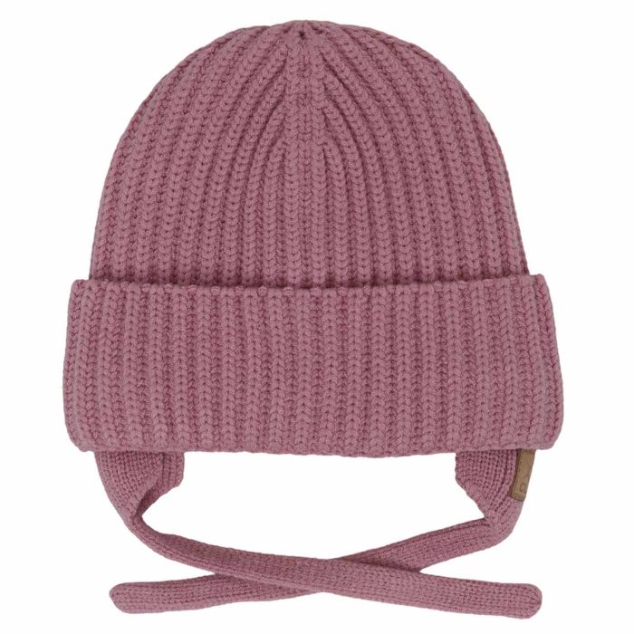 Tuque d'hiver - Calikids rose en tricot côtelé avec cache-oreilles et liens à nouer pour bébé ou enfant vue de face