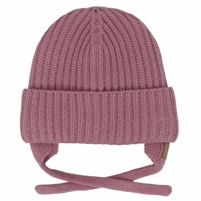 Tuque d'hiver - Calikids rose en tricot côtelé avec cache-oreilles et liens à nouer pour bébé ou enfant vue de face