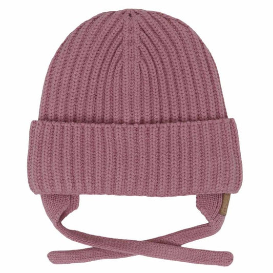 Tuque d'hiver - Calikids rose en tricot côtelé avec cache-oreilles et liens à nouer pour bébé ou enfant vue de face