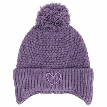 Tuque d'hiver - Calikids en tricot violet avec pompon texturé et motif cœur sur le revers côtelé pour enfant vue de face