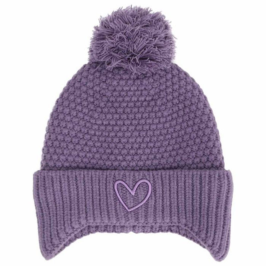 Tuque d'hiver - Calikids en tricot violet avec pompon texturé et motif cœur sur le revers côtelé pour enfant vue de face