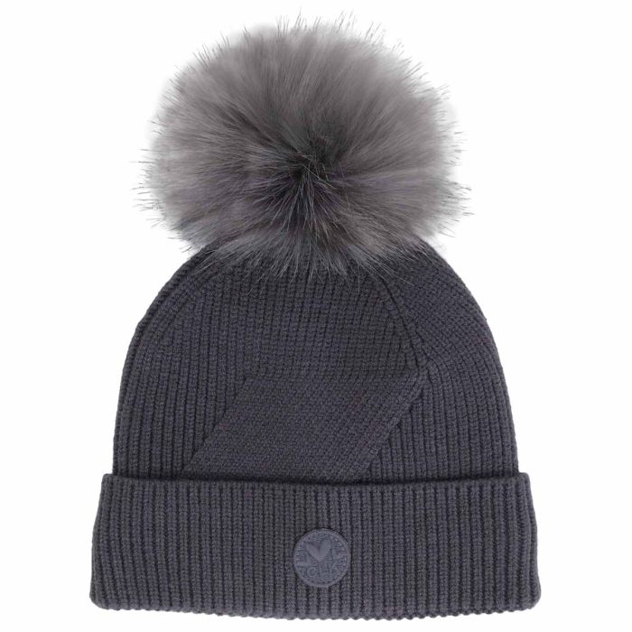 Bonnet en maille côtelée gris anthracite avec pompon en fausse fourrure et revers large, vue de face