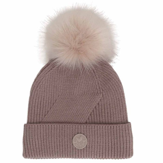 Tuque d'hiver - Calikids en tricot mauve avec pompon beige en fausse fourrure et revers côtelé, vue de face