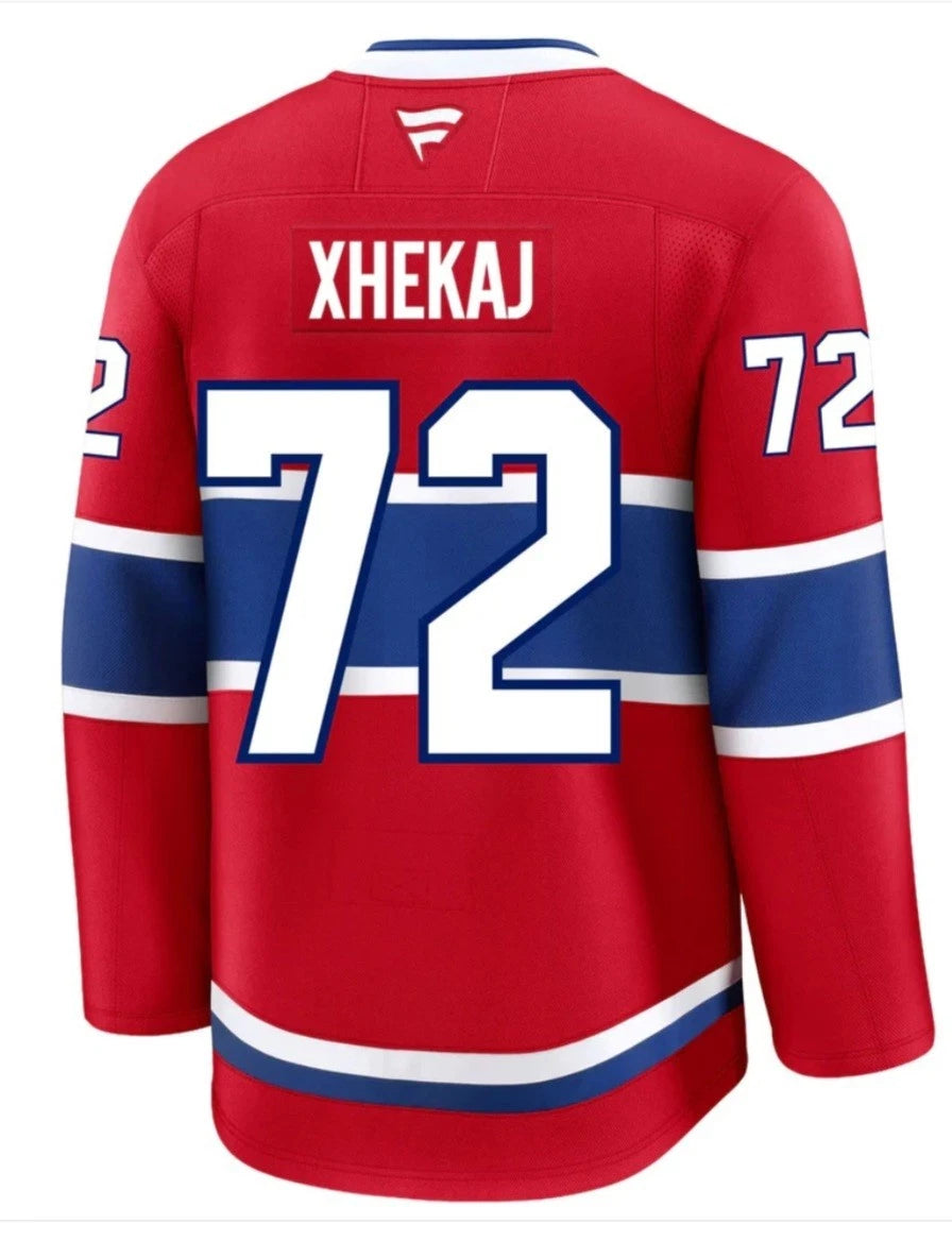 Jersey de hockey Canadiens - Xhekaj rouge, blanc et bleu, dos avec numéro 72 et nom, style classique, vue de dos.