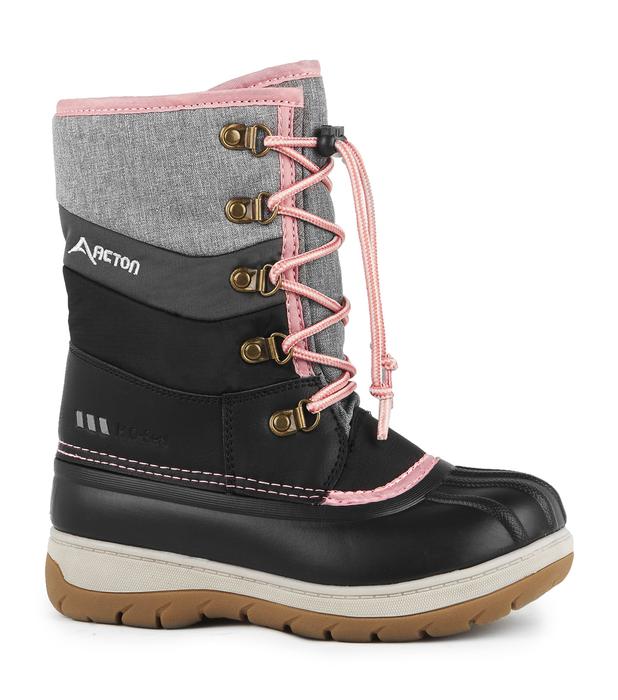 Bottes d'hiver Gummy - Acton en cuir synthétique noir, nylon gris, détails roses, enfants, vue latérale droite.