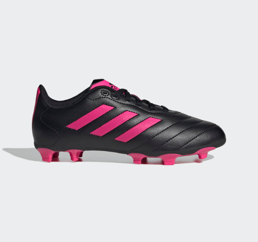 Chaussures de soccer - Goletto VIII Adidas noires avec détails roses, tige synthétique souple, pour fille, vue profil droit