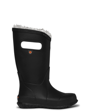 Bottes Mi-Saison Plush- Bogs noires imperméables avec doublure en peluche beige, vue de profil droite.