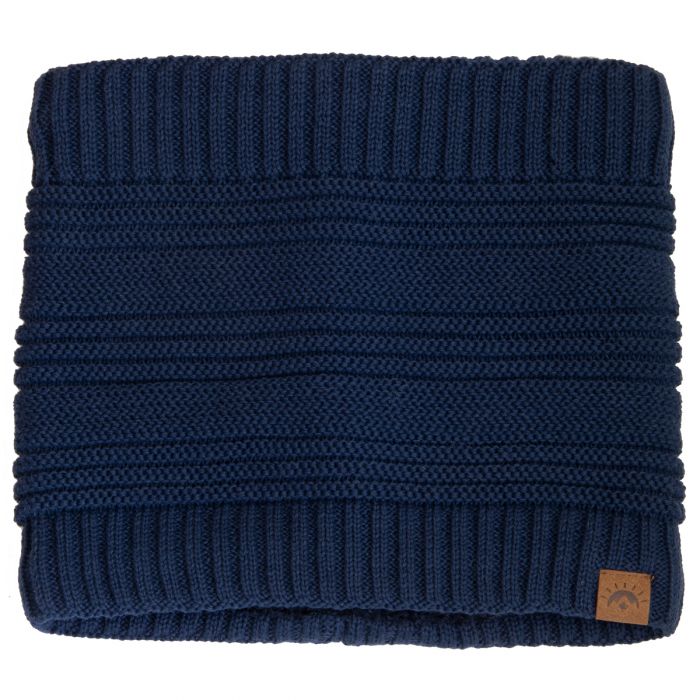 Cache-Cou - Calikids en maille tricotée bleu marine pour enfant, détail vue de face, bord côte épais et logo cuir surpiqué