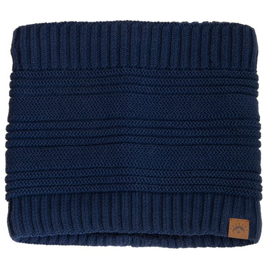 Cache-Cou - Calikids en maille tricotée bleu marine pour enfant, détail vue de face, bord côte épais et logo cuir surpiqué