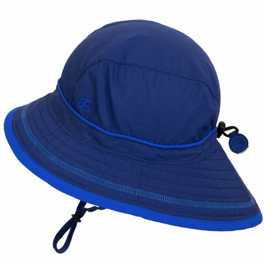 Chapeau - Calikids bleu marine et bleu roi en nylon, protection UV 50+, avec sangle ajustable pour fille, vue de côté