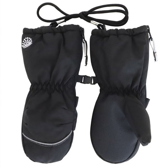 Mitaines d'hiver - Calikids noires avec fermeture éclaire, paume antidérapante, cordon amovible, vue de face, enfant