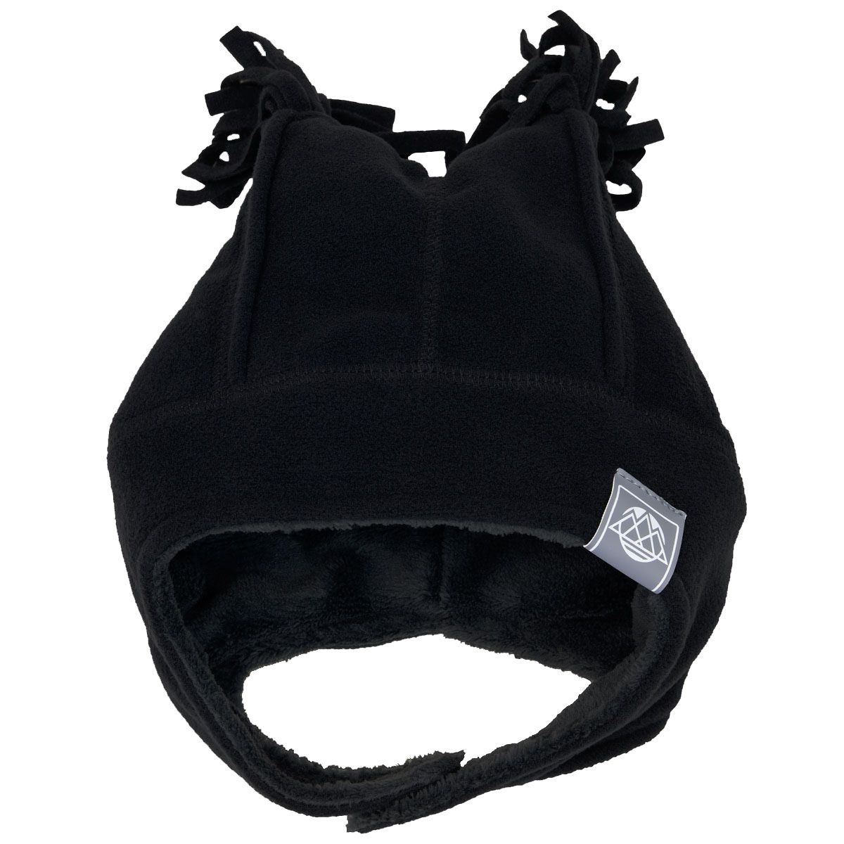 Tuque d'hiver - Calikids noire en polaire avec doublure grise, oreilles et nœuds, pour enfant, vue de face.
