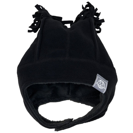 Tuque d'hiver - Calikids noire en polaire avec doublure grise, oreilles et nœuds, pour enfant, vue de face.